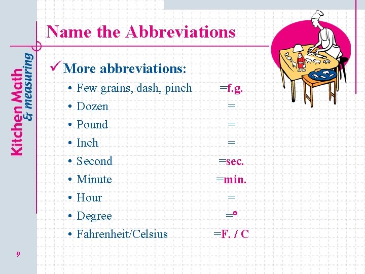 Name the Abbreviations ü More abbreviations: • • • 9 Few grains, dash, pinch