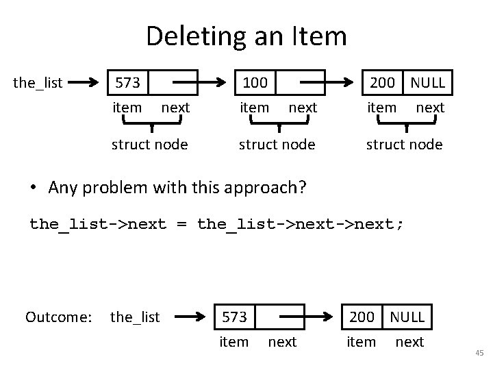 Deleting an Item the_list 573 item next struct node 100 item next 200 NULL