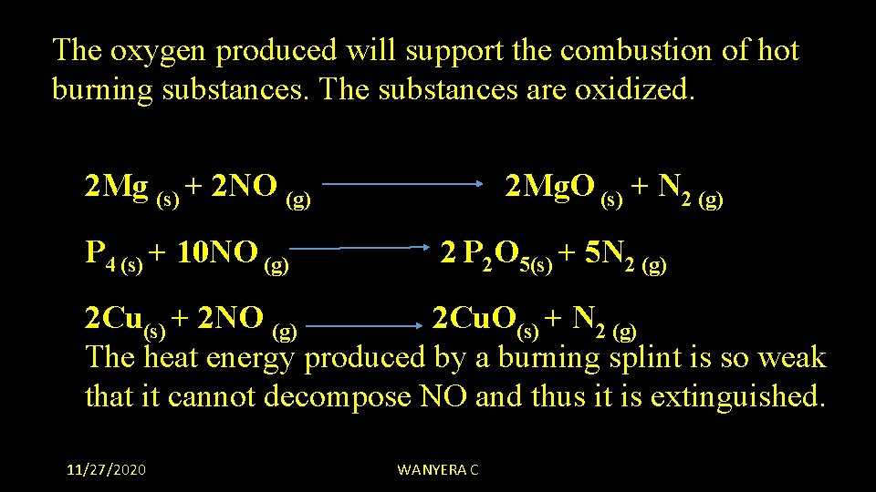The oxygen produced will support the combustion of hot burning substances. The substances are