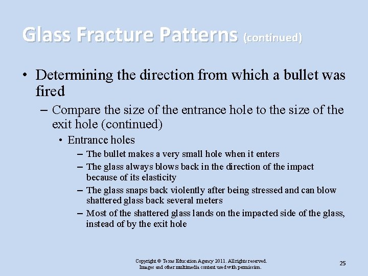 Glass Fracture Patterns (continued) • Determining the direction from which a bullet was fired