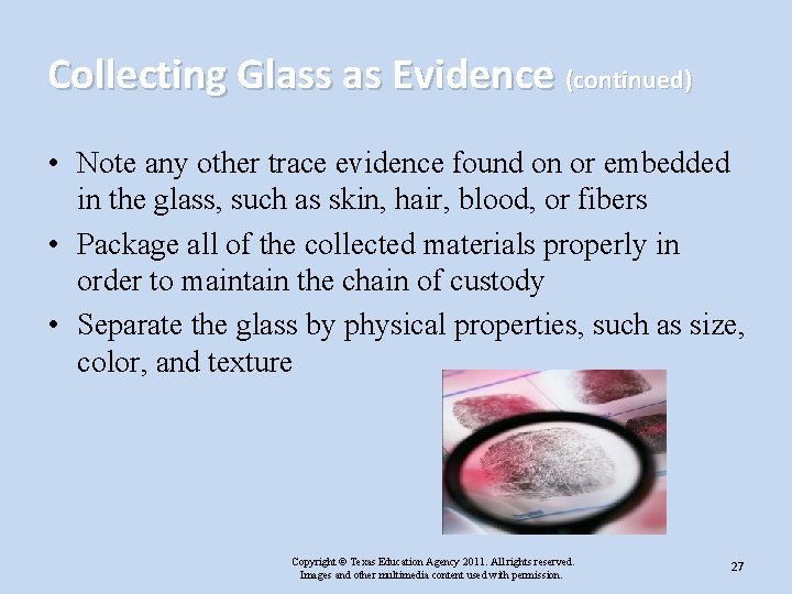Collecting Glass as Evidence (continued) • Note any other trace evidence found on or