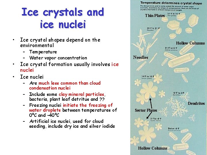 Ice crystals and ice nuclei • • • Thin Plates Ice crystal shapes depend