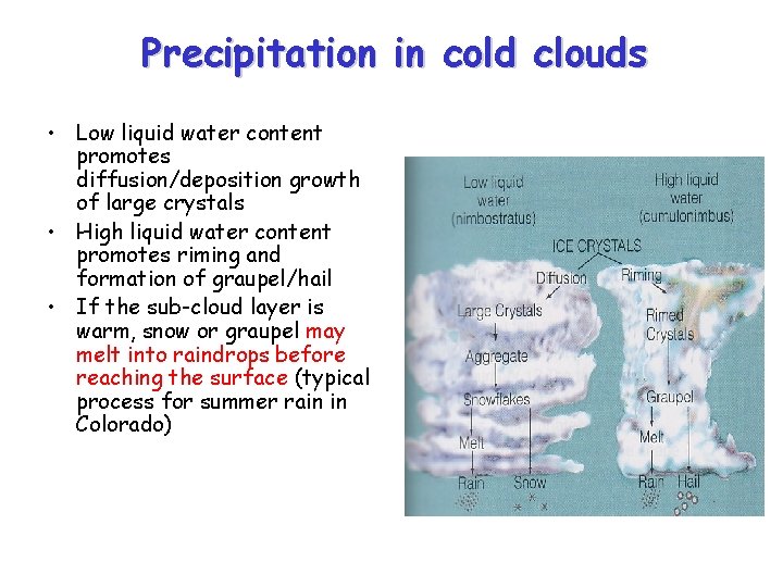 Precipitation in cold clouds • Low liquid water content promotes diffusion/deposition growth of large