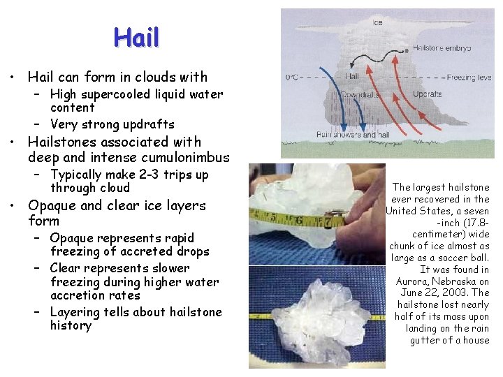 Hail • Hail can form in clouds with – High supercooled liquid water content