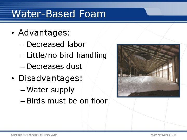 Water-Based Foam • Advantages: – Decreased labor – Little/no bird handling – Decreases dust