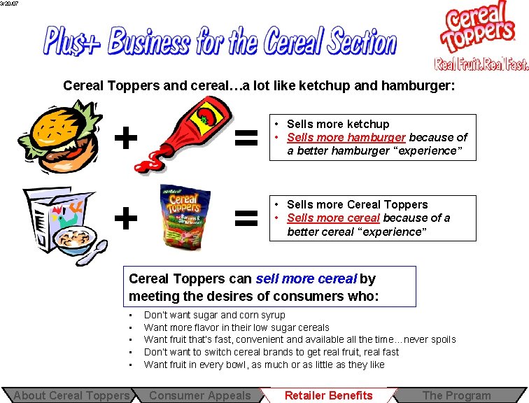 3/20/07 Cereal Toppers and cereal…a lot like ketchup and hamburger: + = • Sells 3/20/07 Cereal Toppers and cereal…a lot like ketchup and hamburger: + = • Sells