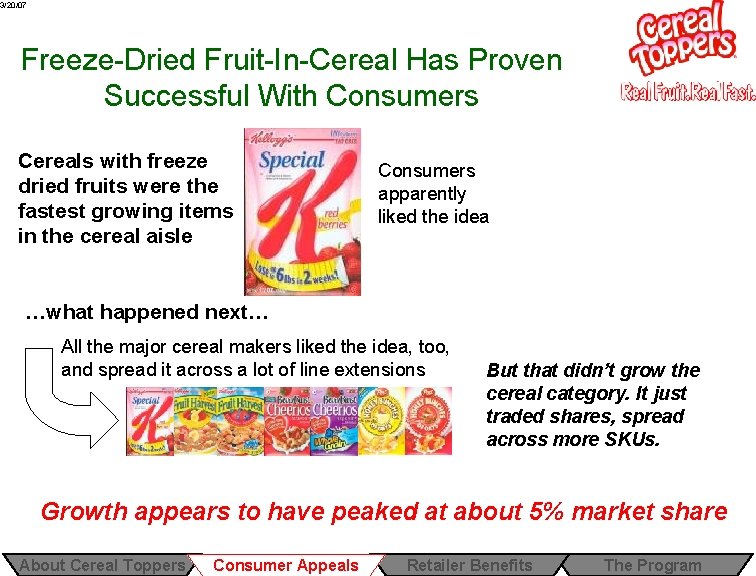 3/20/07 Freeze-Dried Fruit-In-Cereal Has Proven Successful With Consumers Cereals with freeze dried fruits were 3/20/07 Freeze-Dried Fruit-In-Cereal Has Proven Successful With Consumers Cereals with freeze dried fruits were