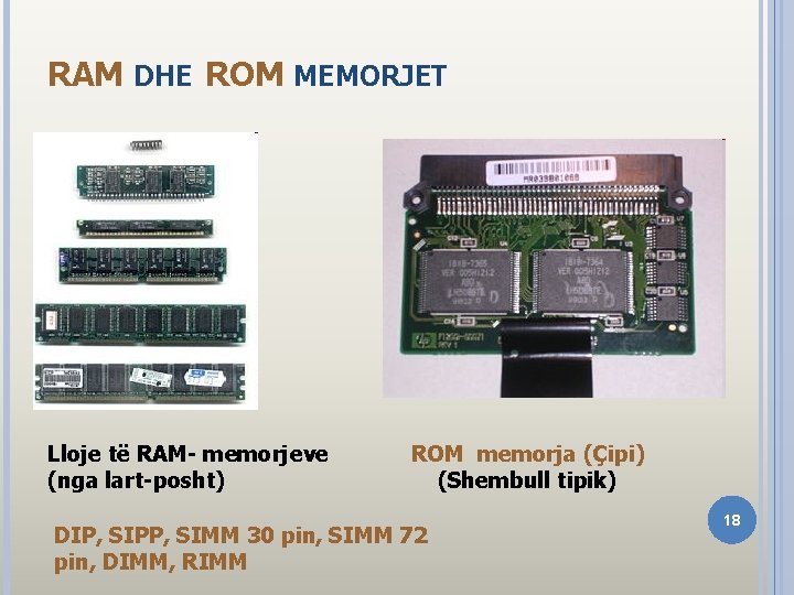 RAM DHE ROM MEMORJET Lloje të RAM- memorjeve (nga lart-posht) ROM memorja (Çipi) (Shembull