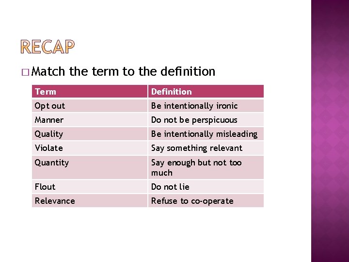 � Match the term to the definition Term Definition Opt out Be intentionally ironic � Match the term to the definition Term Definition Opt out Be intentionally ironic