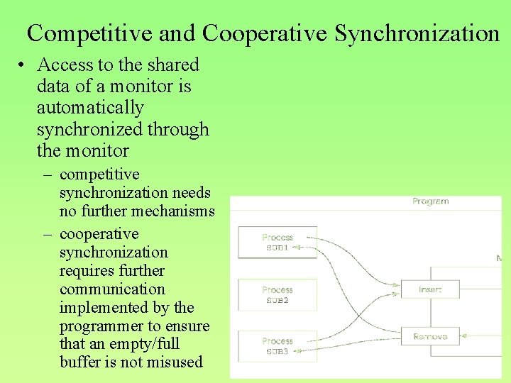 Competitive and Cooperative Synchronization • Access to the shared data of a monitor is