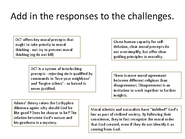 Add in the responses to the challenges. DCT offers key moral precepts that ought Add in the responses to the challenges. DCT offers key moral precepts that ought