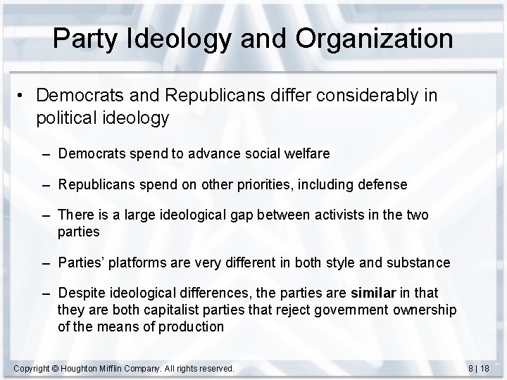 Party Ideology and Organization • Democrats and Republicans differ considerably in political ideology –