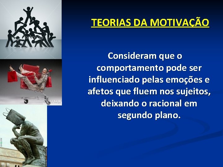 TEORIAS DA MOTIVAÇÃO Consideram que o comportamento pode ser influenciado pelas emoções e afetos