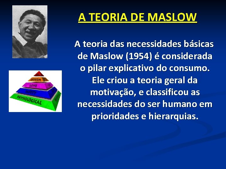 A TEORIA DE MASLOW A teoria das necessidades básicas de Maslow (1954) é considerada