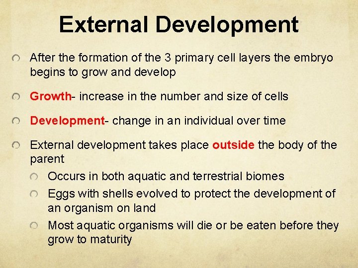 External Development After the formation of the 3 primary cell layers the embryo begins