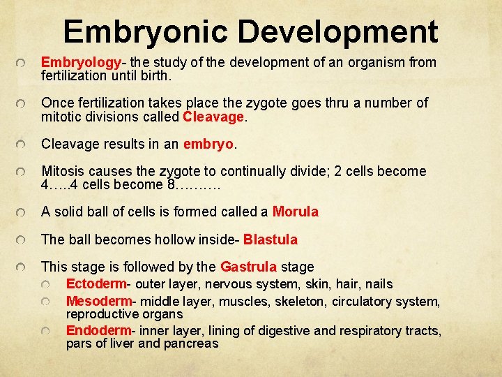 Embryonic Development Embryology- the study of the development of an organism from fertilization until