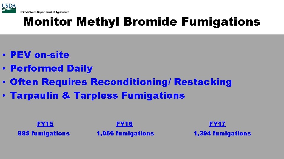 Monitor Methyl Bromide Fumigations • • PEV on-site Performed Daily Often Requires Reconditioning/ Restacking