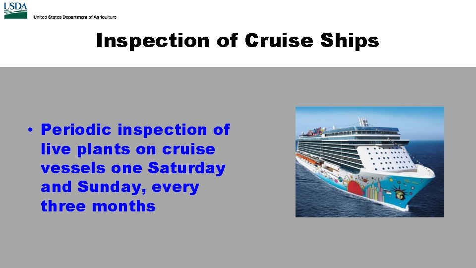 Inspection of Cruise Ships • Periodic inspection of live plants on cruise vessels one