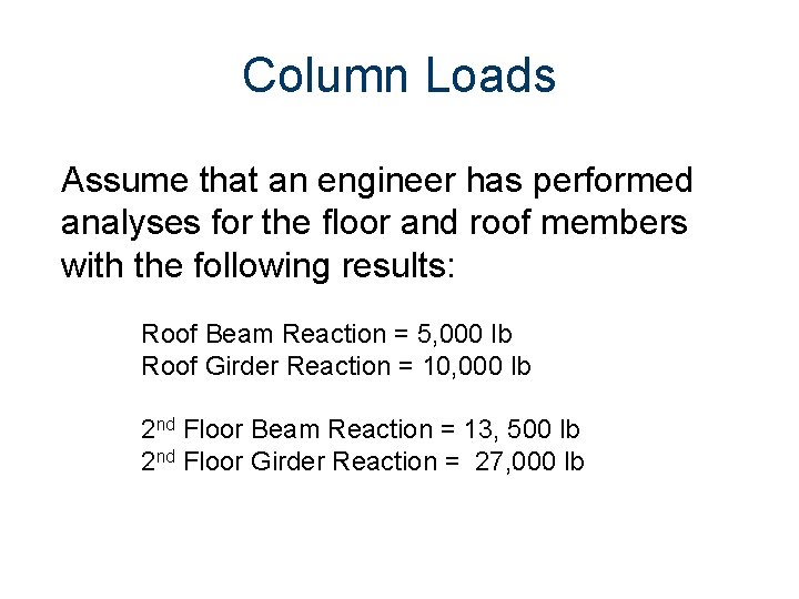 Column Loads Assume that an engineer has performed analyses for the floor and roof