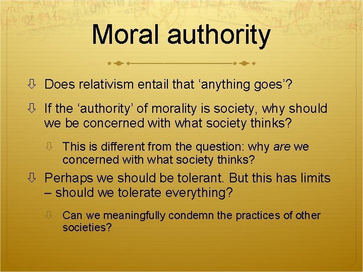 Moral authority Does relativism entail that ‘anything goes’? If the ‘authority’ of morality is