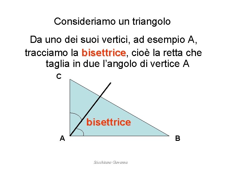 Consideriamo un triangolo Da uno dei suoi vertici, ad esempio A, tracciamo la bisettrice,