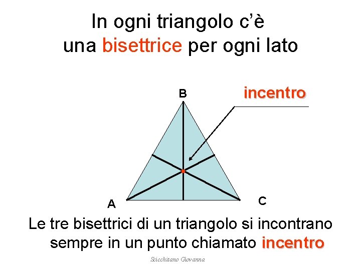 In ogni triangolo c’è una bisettrice per ogni lato B incentro . C A