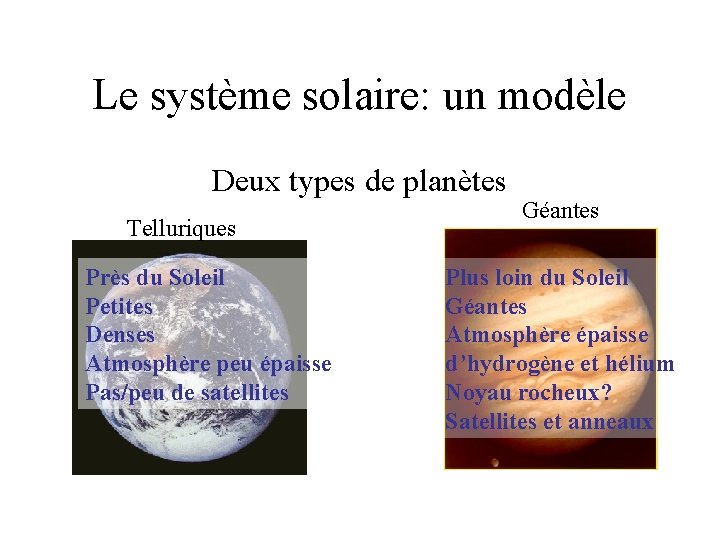Le système solaire: un modèle Deux types de planètes Telluriques Près du Soleil Petites
