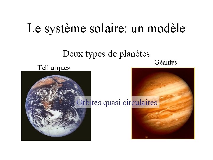 Le système solaire: un modèle Deux types de planètes Telluriques Géantes Orbites quasi circulaires