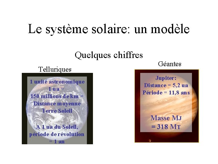 Le système solaire: un modèle Quelques chiffres Telluriques 1 unité astronomique 1 ua =