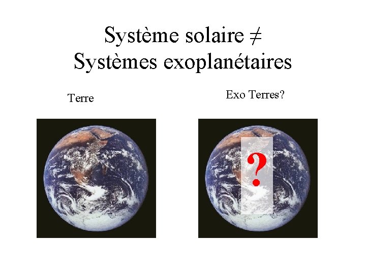 Système solaire ≠ Systèmes exoplanétaires Terre Exo Terres? ? 