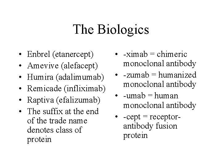 The Biologics • • • Enbrel (etanercept) Amevive (alefacept) Humira (adalimumab) Remicade (infliximab) Raptiva