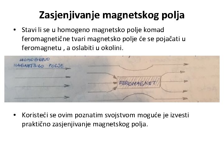 Zasjenjivanje magnetskog polja • Stavi li se u homogeno magnetsko polje komad feromagnetične tvari