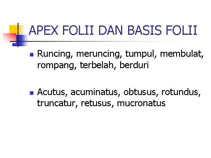 APEX FOLII DAN BASIS FOLII n n Runcing, meruncing, tumpul, membulat, rompang, terbelah, berduri