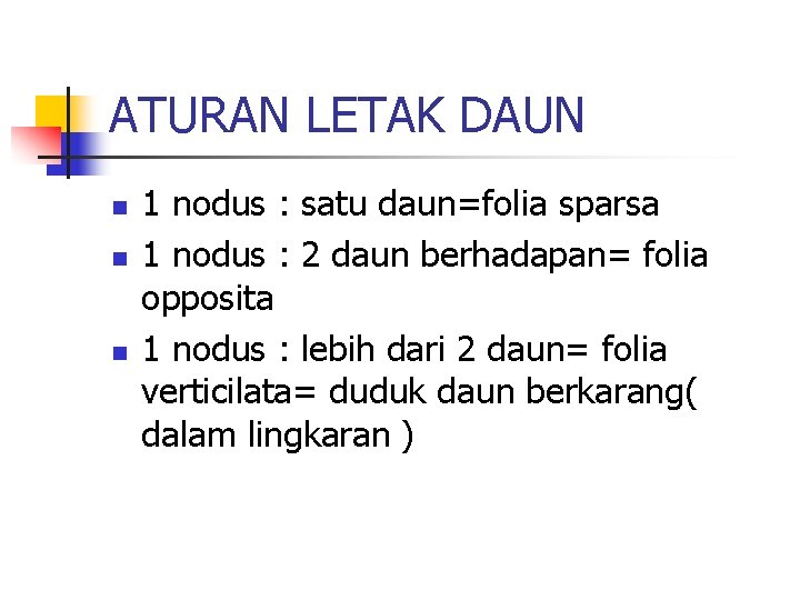 ATURAN LETAK DAUN n n n 1 nodus : satu daun=folia sparsa 1 nodus