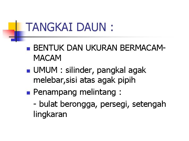 TANGKAI DAUN : n n n BENTUK DAN UKURAN BERMACAM UMUM : silinder, pangkal