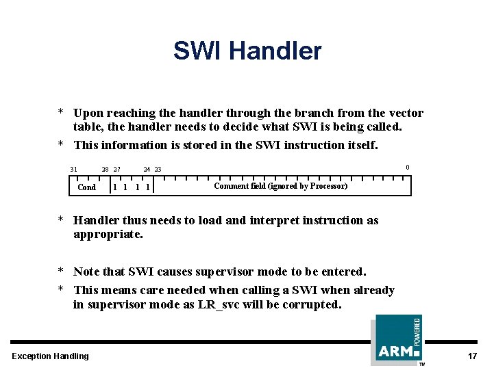 SWI Handler * Upon reaching the handler through the branch from the vector table,