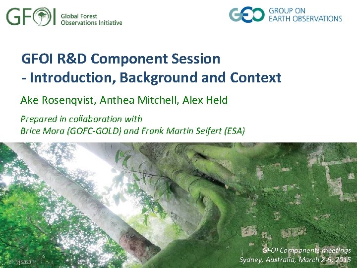 GFOI R&D Component Session - Introduction, Background and Context Ake Rosenqvist, Anthea Mitchell, Alex