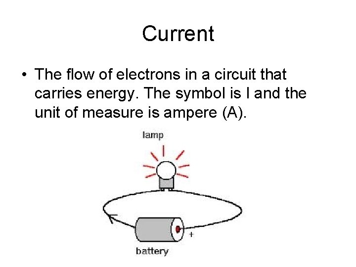 Current • The flow of electrons in a circuit that carries energy. The symbol