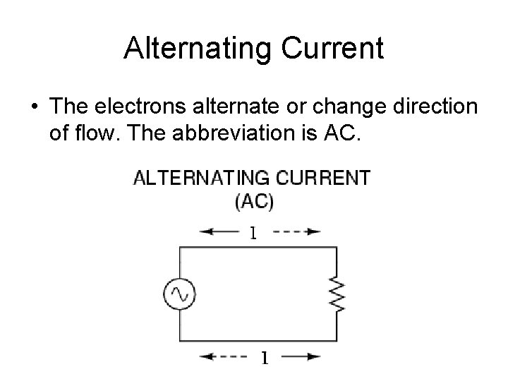 Alternating Current • The electrons alternate or change direction of flow. The abbreviation is