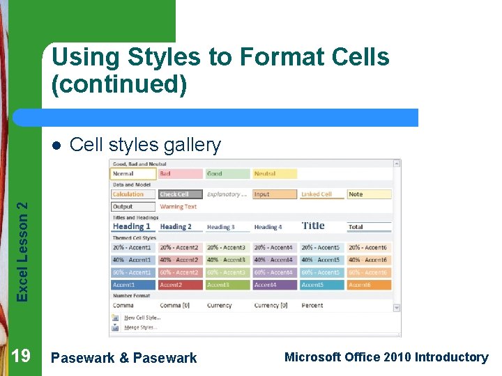 Using Styles to Format Cells (continued) Cell styles gallery Excel Lesson 2 l 19