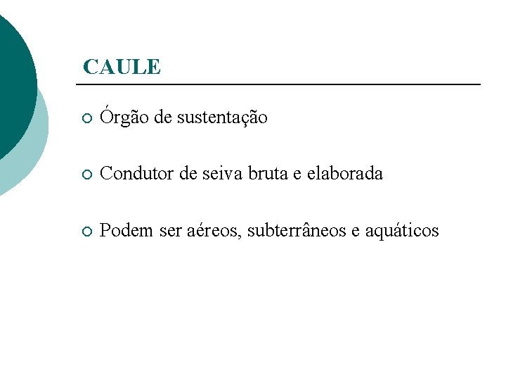 CAULE ¡ Órgão de sustentação ¡ Condutor de seiva bruta e elaborada ¡ Podem