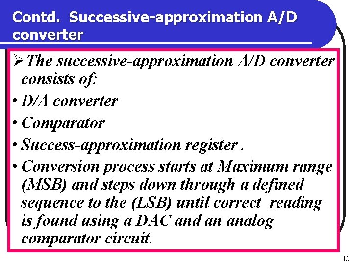 Contd. Successive-approximation A/D converter ØThe successive-approximation A/D converter consists of: • D/A converter •