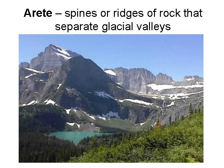 Arete – spines or ridges of rock that separate glacial valleys Arete – spines or ridges of rock that separate glacial valleys