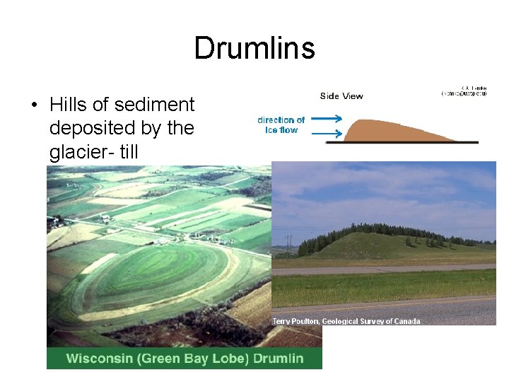 Drumlins • Hills of sediment deposited by the glacier- till Drumlins • Hills of sediment deposited by the glacier- till
