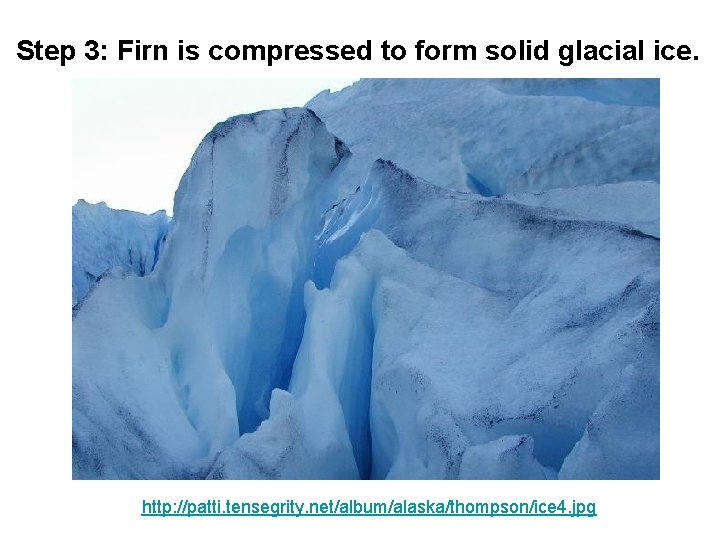 Step 3: Firn is compressed to form solid glacial ice. http: //patti. tensegrity. net/album/alaska/thompson/ice Step 3: Firn is compressed to form solid glacial ice. http: //patti. tensegrity. net/album/alaska/thompson/ice