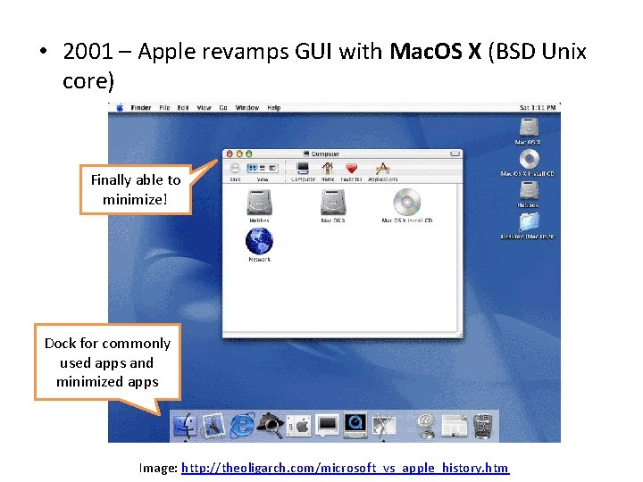  • 2001 – Apple revamps GUI with Mac. OS X (BSD Unix core)