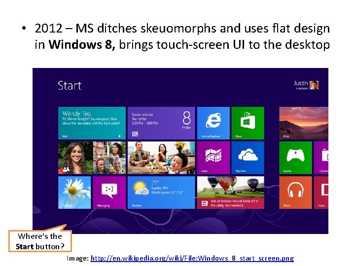  • 2012 – MS ditches skeuomorphs and uses flat design in Windows 8,