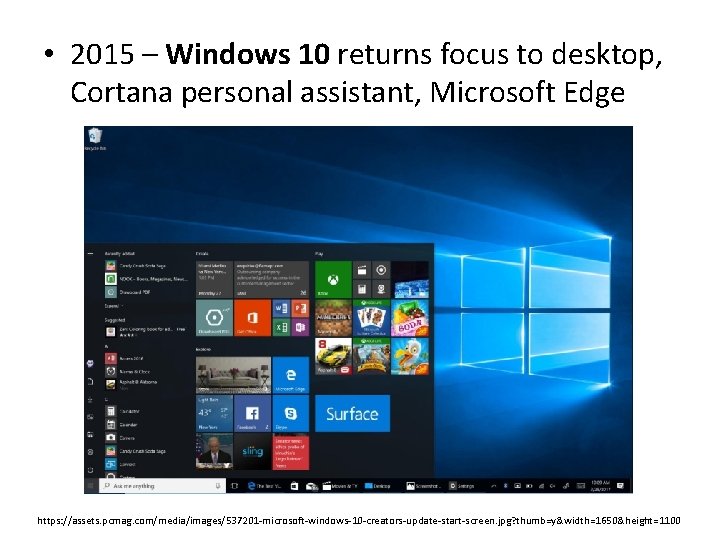  • 2015 – Windows 10 returns focus to desktop, Cortana personal assistant, Microsoft