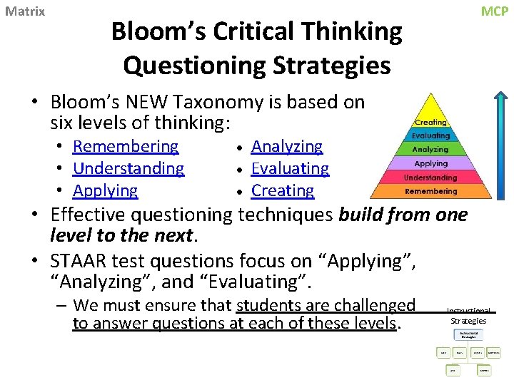 Matrix Bloom’s Critical Thinking Questioning Strategies MCP • Bloom’s NEW Taxonomy is based on Matrix Bloom’s Critical Thinking Questioning Strategies MCP • Bloom’s NEW Taxonomy is based on