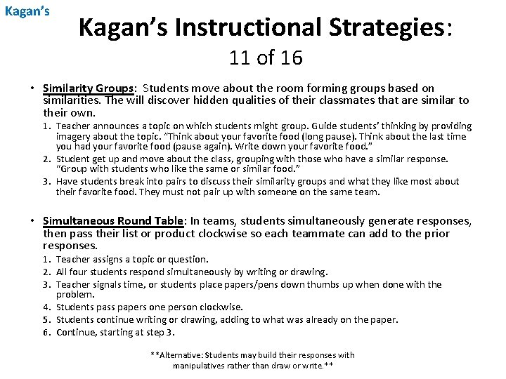 Kagan’s Instructional Strategies: 11 of 16 • Similarity Groups: Students move about the room Kagan’s Instructional Strategies: 11 of 16 • Similarity Groups: Students move about the room